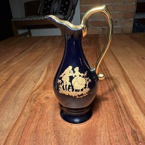 Limoges Castel France Cobalt Blue 22 Karat Gold 6” Vase Courting Couple
